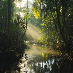Obraz premium Sunbeams Filtering Through Lush Rainforest Canopy, Illuminating Tranquil Creek