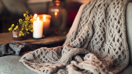 Obraz premium Cozy Knit Blanket and Candles on a Winter Evening