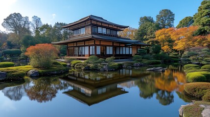 Fototapeta premium Golden Pavilion Reflects In Autumnal Japanese Garden