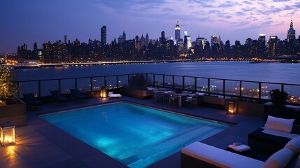 Fototapeta premium Rooftop Pool with Stunning Cityscape View at Night