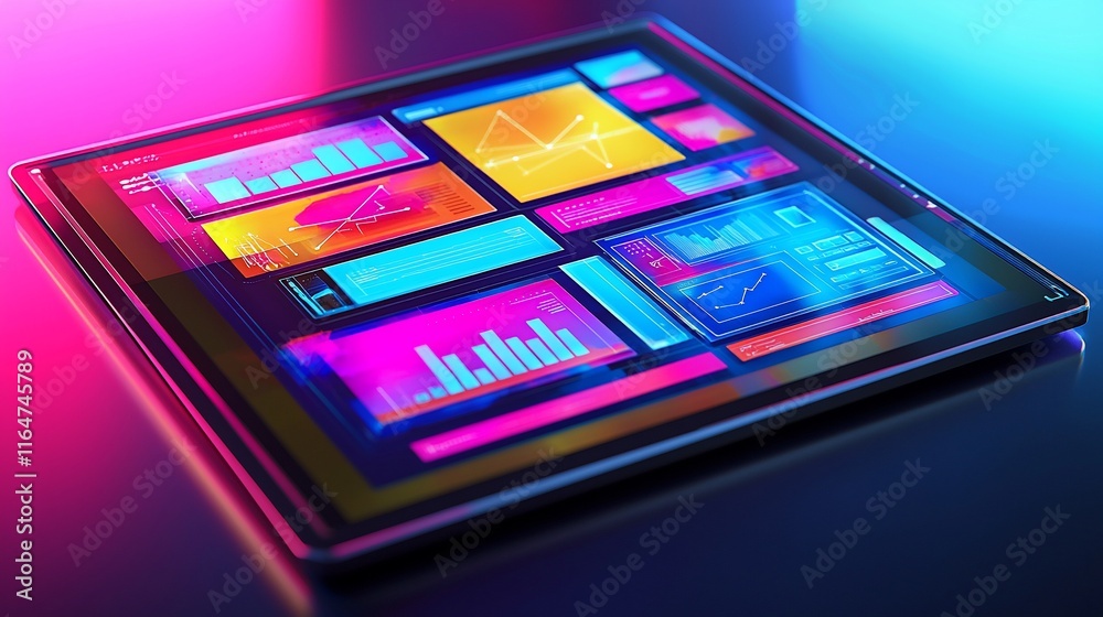 Poster Tablet displaying colorful data charts and graphs.