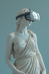 Marble Greek statue wearing virtual reality headset, blending classical art with modern technology, perfect for tech companies, VR marketing, education, and innovation concepts.