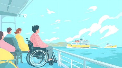 An adult Asian man in a wheelchair on a ferry