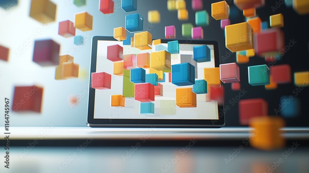 Poster colorful cubes floating from laptop screen, digital data concept.