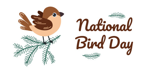 Celebrate National Bird Day with a cute bird illustration on a pine branch