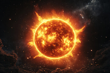 Obraz premium Illustration of a sun with glowing corona on a black space background with stars, cosmic image