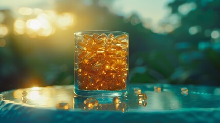 Vibrant fish bowl displaying orange omega 3 capsules resting on a lush green background