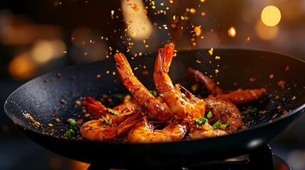 Crispy prawns frying on a pan, food  action photography