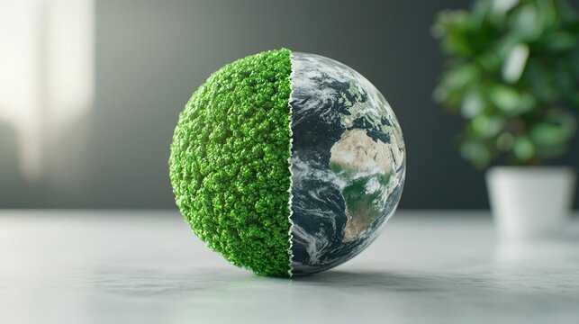 A half-green, half-earth globe symbolizes sustainability and the importance of environmental balance in a modern setting.