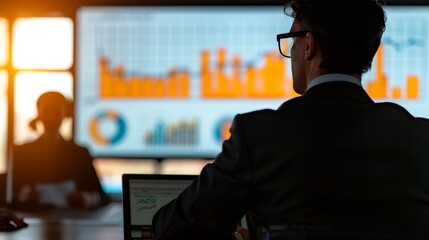 Silhouetted business professionals in conference room with digital financial data display