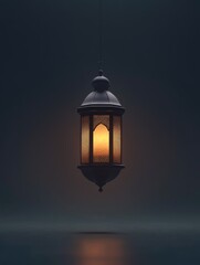 minimalist 3D portrait of a single traditional Ramadan lantern floating gently in a dark space. The lantern should emit a soft, warm glow, and the background should be simple, dark, and empty.