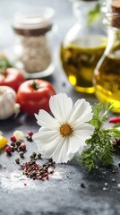 Fresh ingredients tomatoes, garlic, peppers, herbs, and olive oil.