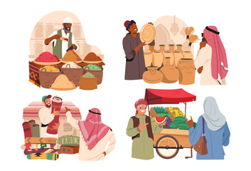 Eastern local street market with arabic merchant offering exotic spices, carpet, pottery, fruits set