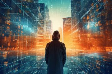 cybersecurity concept. Futuristic double exposure. Unknown man and city overlayed with data. High quality photo