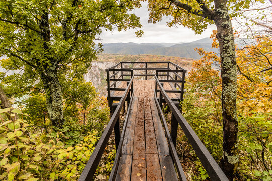 Ploce observation platform in Derdap National Park, Serbia. Built over Iron Gates gorge of Danube river.