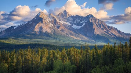 Majestic mountain peaks rise above a lush forest at sunset.