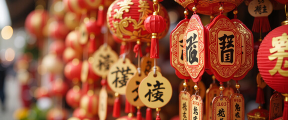 Naklejka premium Chinese New Year decorations with red lanterns and charms