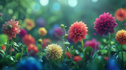 Colorful Dahlia blooms with rain drops