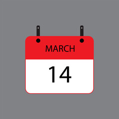 Calendar icon with March 14 date on grey background. Vector schedule symbol.