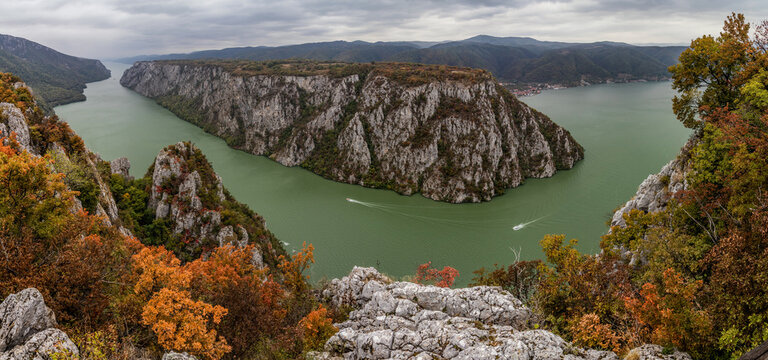 Aerial view of the  Iron Gates gorge of Danube river between Serbia and Romania. View from Derdap National Park.