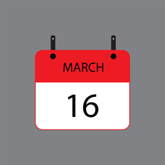 Calendar icon with March 16 date on grey background. Vector schedule symbol.