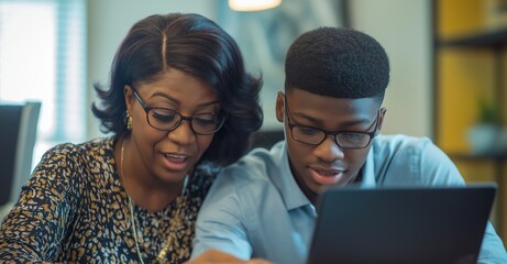 Focused teacher guiding a dedicated student while using a digital tablet in a contemporary classroom, fostering collaboration and enhancing digital literacy skills