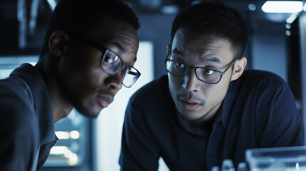 Two diverse it engineers wearing glasses collaborate in a server room, analyzing data and troubleshooting issues on a computer within a high-tech data center environment