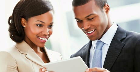 Two smiling business professionals collaborating while using a digital tablet in a modern office setting, showcasing teamwork and effective communication in a contemporary workspace