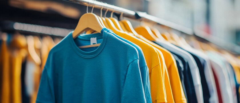 A vibrant display of colorful clothing hanging on wooden hangers in a retail setting, showcasing a mix of sweatshirts in various shades.