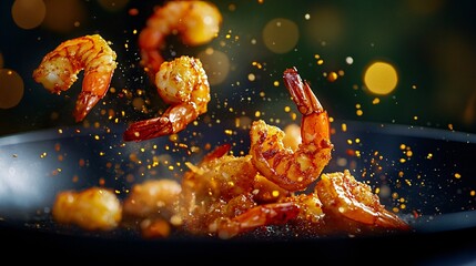 Crispy prawns frying on a pan, food  action photography