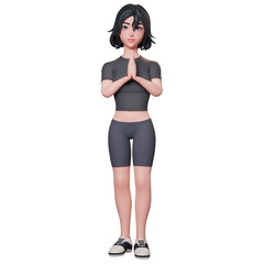 3D illustration of a sporty girl in black. showing folding hands Namaste gesture. salute, greeting, Cute cartoon style.