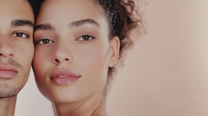 Models posing with cheeks touching, showcasing flawless skin and expertly applied makeup against a soft light brown background, radiating beauty and connection