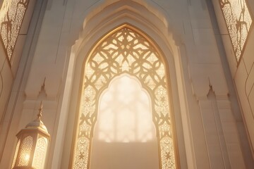 Fototapeta premium Elegant Architectural Design Featuring Intricate Window Details, Soft Light Filtering Through Ornate Patterns in an Ethereal Setting for Contemporary Use