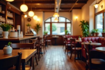 Blurred cafe interior, warm lighting, cozy atmosphere, ambiance, kitchen