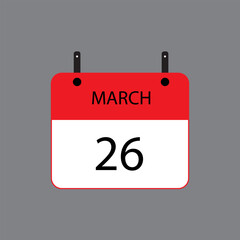 Calendar icon with March 26 date on grey background. Vector schedule symbol.