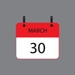 Calendar icon with March 30 date on grey background. Vector schedule symbol.