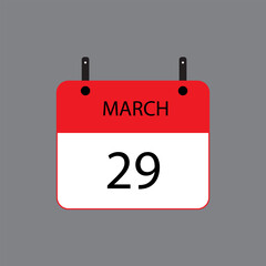 Calendar icon with March 29 date on grey background. Vector schedule symbol.