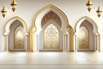 Elegant Architectural Interior Design Featuring Intricate Arched Windows and Decorative Wall Patterns in a Luxurious Space with Warm Lighting