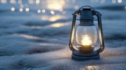 A vintage lantern glowing softly on a snowy surface, surrounded by blurred lights.