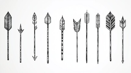 Ten hand-drawn monochrome arrows with various designs.
