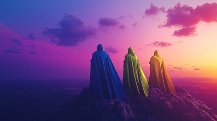 Three cloaked figures stand on a mountaintop at sunset.