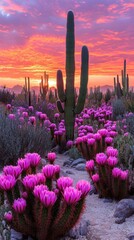 Vibrant sunset over blooming desert cacti and flowers.