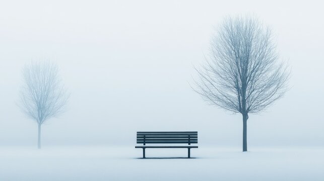 minimalist landscape image of an empty park bench in the middle of a foggy park. The park should be largely empty, with only a few trees, their branches bare and covered in soft mist. Blue Monday.