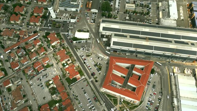 Aerial down view of a big industrial facility in Monfalcone, Italy