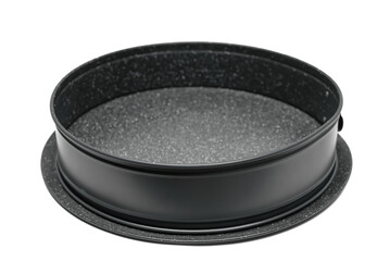 Round enamel black metal casserole, isolated on white, side view
