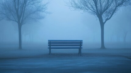 minimalist landscape image of an empty park bench in the middle of a foggy park. The park should be largely empty, with only a few trees, their branches bare and covered in soft mist. Blue Monday.