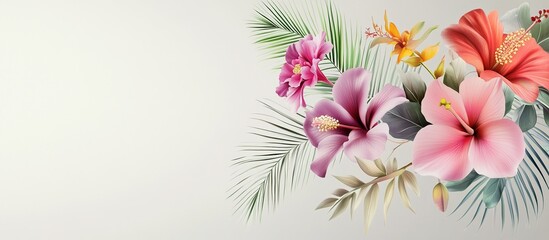 Obraz premium Vibrant tropical flowers and palm leaves on a light background.