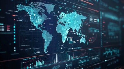 Fototapeta premium Tech-themed analytics dashboard showcasing data-driven insights for global industries, sleek UI,