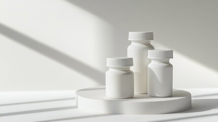 small stack of Empty medicine bottles, all with identical, (No label), placed neatly on a white surface.