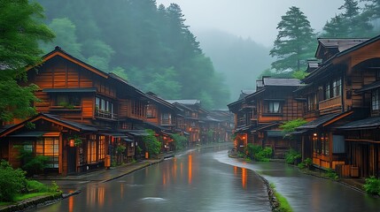 Naklejka premium Misty Morning Canalside Village Houses In Japan